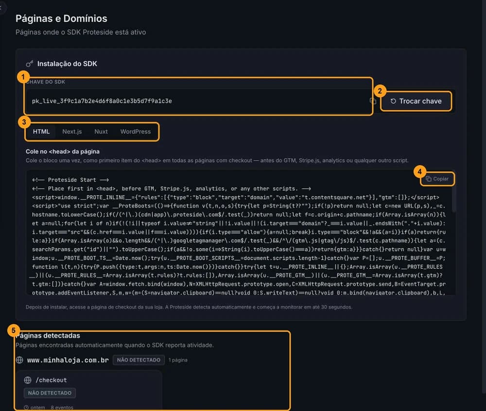 Tela Páginas e Domínios com o card Instalação do SDK, a Chave do SDK e as abas de plataforma do snippet
