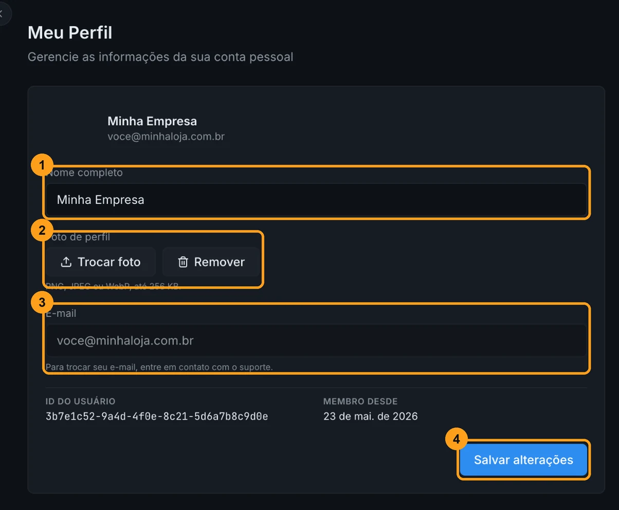Tela Meu Perfil com os campos Nome completo, Foto de perfil, E-mail desabilitado e o botão Salvar alterações
