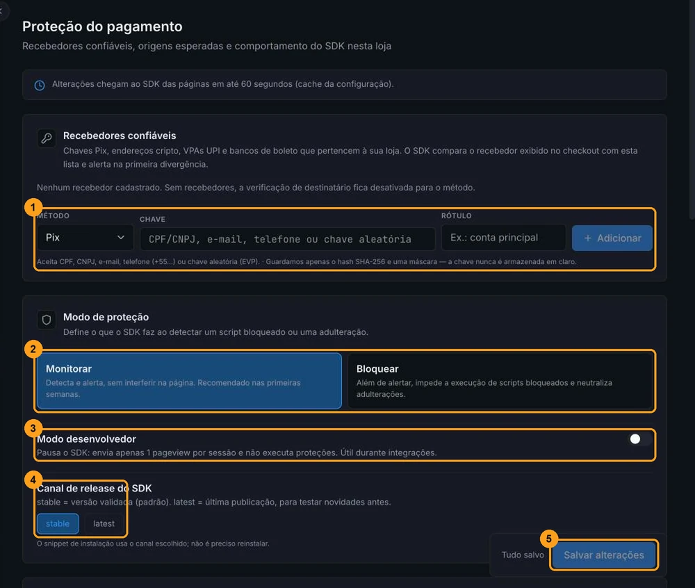 Topo da tela Proteção do pagamento com a tabela de recebedores confiáveis, os cartões Monitorar e Bloquear, o switch Modo desenvolvedor, os botões stable e latest e o botão Salvar alterações