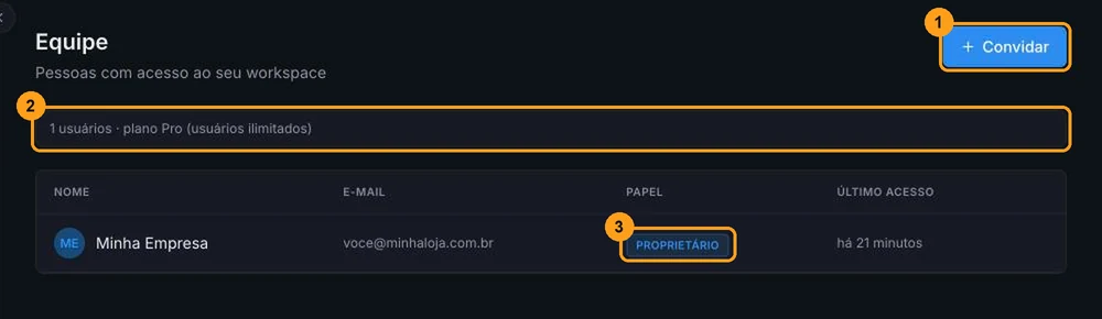 Tela Equipe com o botão Convidar, a faixa de usuários em uso e o limite do plano, e a tabela de membros com o papel de cada um
