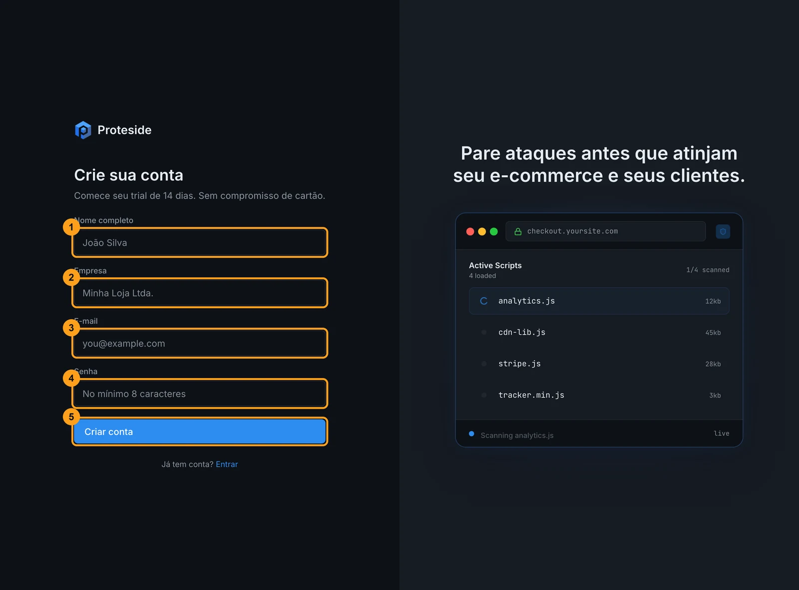 Tela Crie sua conta com os campos nome completo, empresa, e-mail e senha e o botão Criar conta