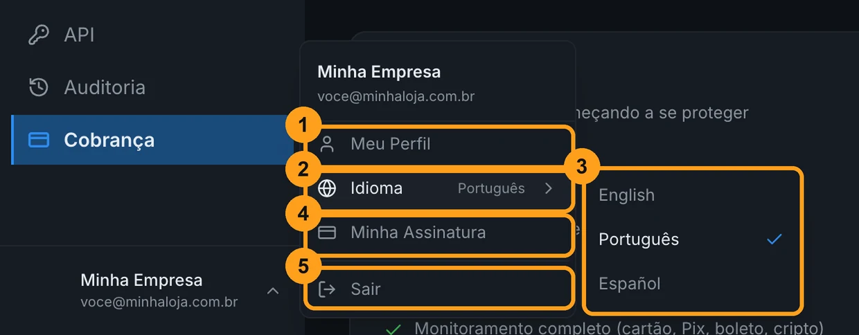 Menu do usuário aberto com Meu Perfil, o submenu Idioma com English, Português e Español, Minha Assinatura e Sair